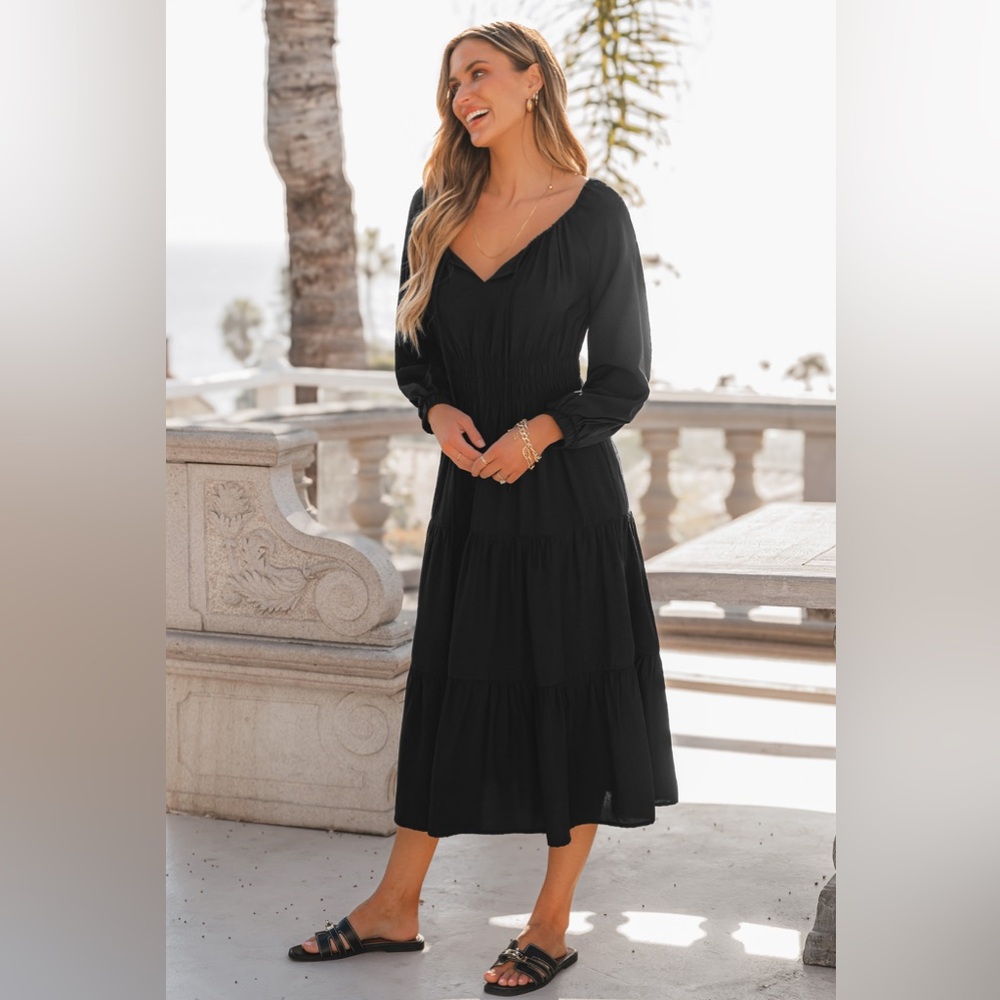 NWT CUPSHE Black Puff Sleeve Ruffled Midi Dress with Ruched Waist Size Large
